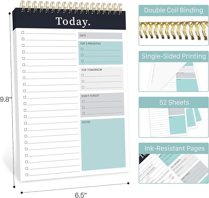 To Do List Notepad - Undated Daily Planner for Work and Goal Achievement | 52 Sheets, Large Writing Space, Ideal for Home, Office & School, Perfect for Daily Planning & Staying Organized, Black Grey