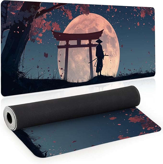 Japanese Samurai Gaming Mouse Pad, Desk Mat, Large Mousepad with Non-Slip Rubber Base XL Extended, Big Keyboard Mat Office&Home, Gamers, 31.5x11.8in, Cherry Blossom