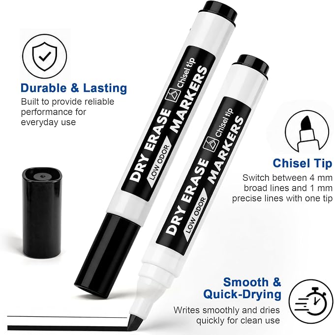 108 Count Dry Erase Markers Bulk, Black Chisel Tip Whiteboard Markers, Wipe Clean & Ghost-Free, Low Odor Dry Erase Pens for Office, Classroom, Home, Back to School Supplies