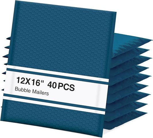 UCGOU Bubble Mailers 12x16 Inch 40 Pack Usable Size 12x15 Inch Large Padded Envelopes Navy Blue Waterproof Packaging Bags for Shipping Self Seal Strong Adhesion Envelopes for Jewelry Makeup Supplies