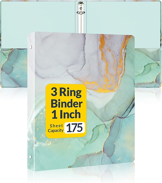 SUNEE 1 Inch 3 Ring Binder, Three Ring Binder with 2 Pockets, Heavy Duty Letter Size Organizer for School and Office Supplies (8.5 x 11 Inches), Green Marble Design