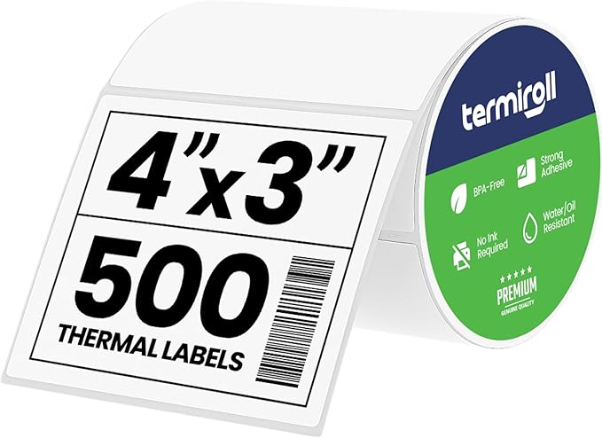 4x3 Direct Thermal Labels – 500 Labels/Roll, Product & Inventory Barcode Labels, No Ink Required, Smooth Feeding for Rollo, Zebra & MUNBYN Printers