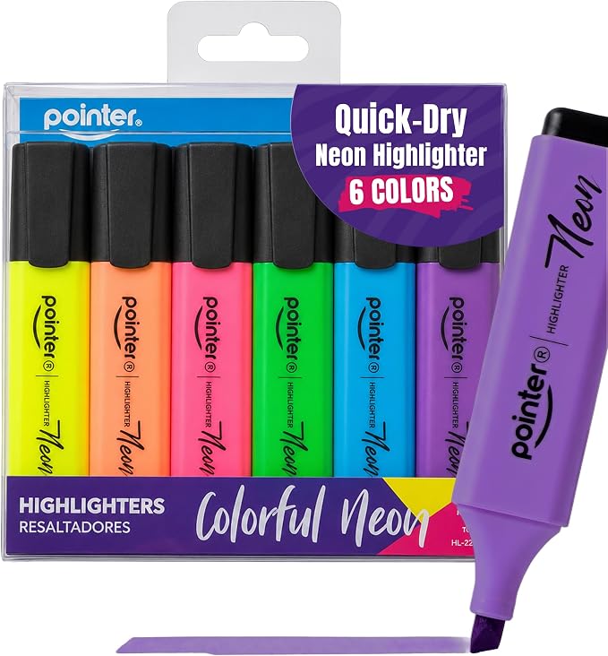Pointer Highlighter School Set - Journaling Highlighters - 6 Count, Neon | School Highlighters, Neon Highlight Markers for School, Office, Journals, Assorted Colors, Multicolor Chisel Tip Quick-Dry