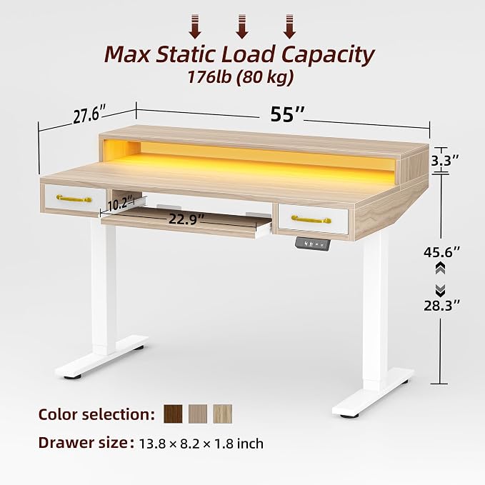 TIQLAB Standing Desk with Two Drawers, Stand Up Standing Desk Adjustable Height, Electric Sit Stand Table with Storage Shelf and Splice Board, with LED Light, 55 * 28 inch, Light Walnut