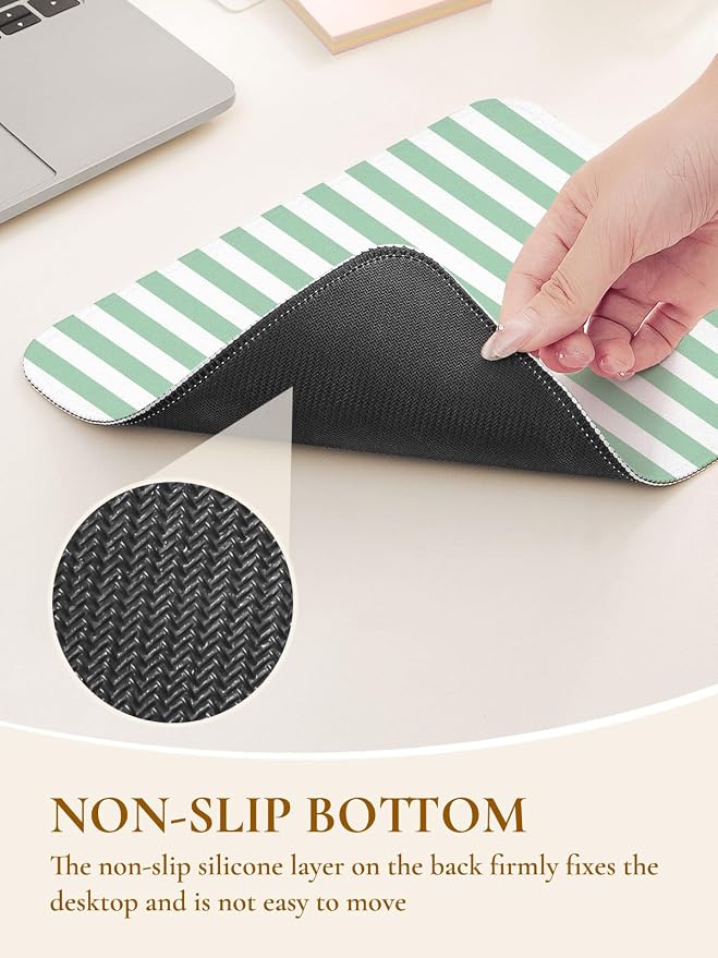 Square Cute Striped Mouse Pad with Stitched Edge, Premium Waterproof Cloth Aesthetic Small Stripe Mouse Mat, Non-Slip Rubber Base Funny Mousepad Desk Accessories,Striped Green White