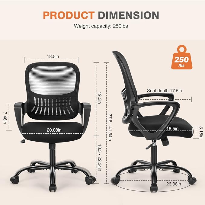 Sweetcrispy Home Office Managerial Executive Chair with Ergonomic Design | Mid-Back Mesh 360° Swivel, Comfortable Lumbar Support, Comfy Arms for Bedroom,Study,Student, Black