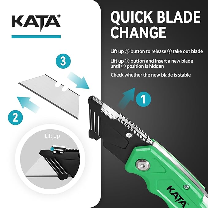 KATA Folding Box Cutter Knives - Heavy Duty Utility Knife Box Cutters with Extra 10pcs Razor Blades - 2-Pack Pocket Knife Plastic Cardboard Opener Tool - Gifts for Men Cutting Cartons, Leather, Rope