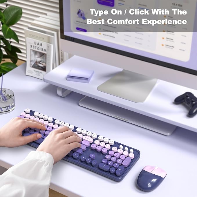 MOFII Wireless Keyboard and Mouse Combo, 2.4GHz Retro Typewriter Keyboard Full Size, Cute Wireless Mice, USB Dongle Plug and Play, for Laptop, PC, Desktop, Windows (Purple Gradient Color)