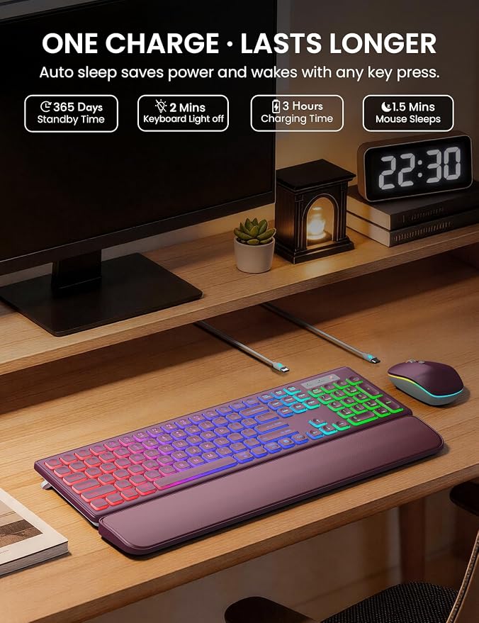 Wireless Keyboard and Mouse Combo, RGB Backlit, Rechargeable & Light Up Letters, Full-Size, Soft Typing, Sleep Mode, 2.4GHz Quiet Keyboard Set for Mac, Windows, Laptop, PC, Trueque KM42Pro | Light Up Letters, Full-Size, Soft Typing, Sleep Mode, 2.4GHz ...