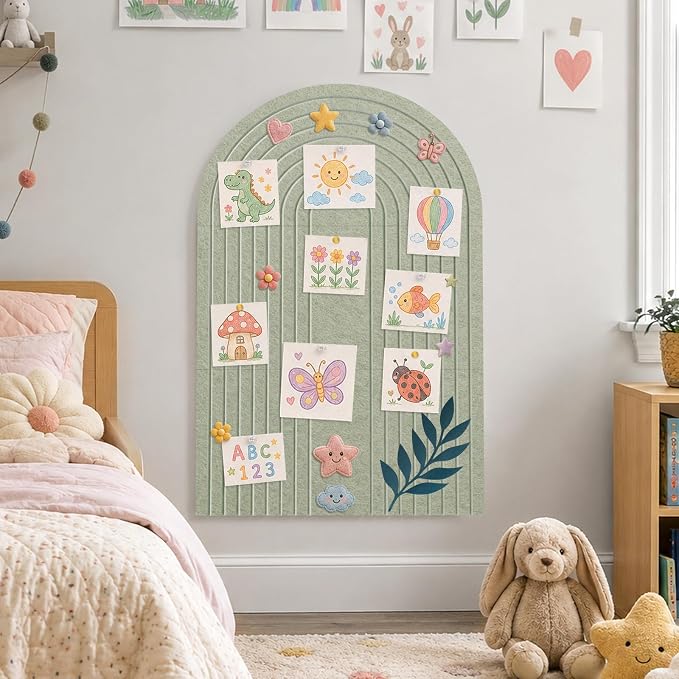 Large Arched Felt Bulletin Board, Sage Green Stylish Sized 36" x 24" Cork Board Alternative with Grooved Pin Board for Office & Wall, 3 Foldable Customizable Adhesive Tiles with Pins for Photo Display