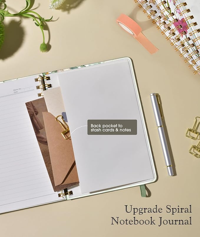 Lined Spiral Journal Notebook for Women, A5 Cute Hardcover Spiral Journals for Work, Note Taking, 150 Numbered Pages 100 GSM College Ruled Spiral Bound Notebook, 5.75" x 8.38", Eucalyptus