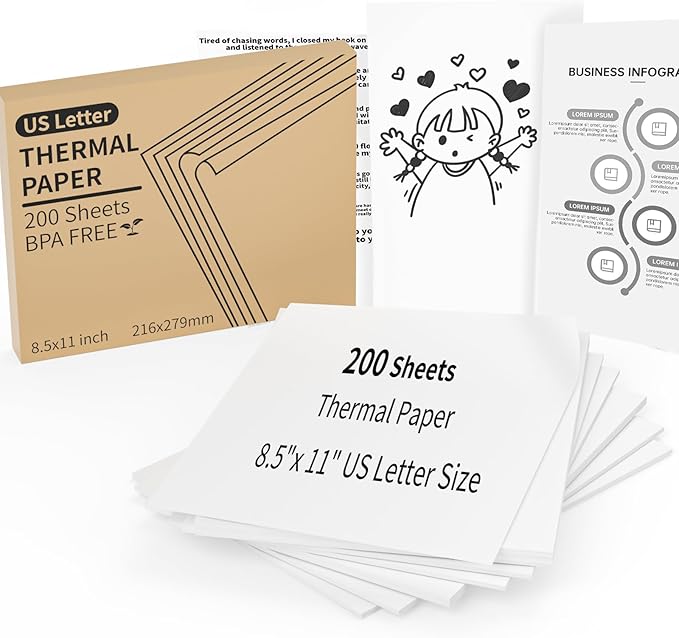 200 Sheets Thermal Printer Paper, 8.5"x 11" US Letter Size - High-Efficiency Durable Printing for Home Work, Printing Contract, Picture, Compatible with Most Thermal Printers (200 Sheets)