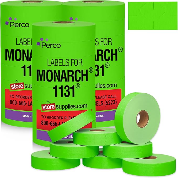 Perco Fluorescent Green Pricing Labels for Monarch 1131 Price Gun – 3 Sleeves, 24 Rolls Value Pack - 60,000 Price Marking Labels – with Ink Rolls Included