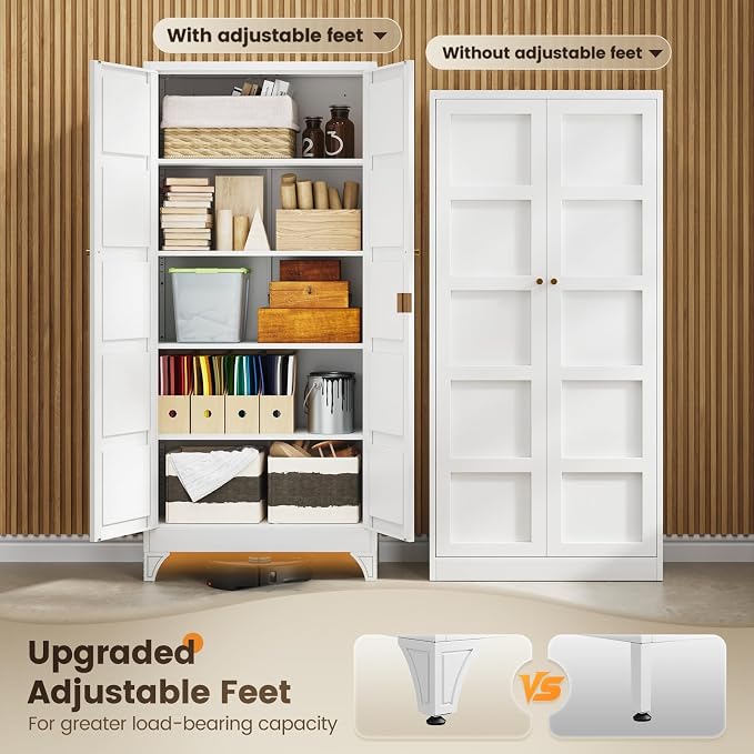 Metal Storage Cabinet with 2 Doors and 4 Adjustable Shelves,- 72" White Kitchen Pantry Storage Cabinet for Kitchen,Living Room,Dining Room