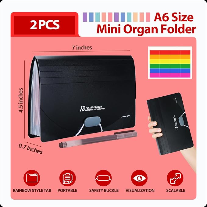 2 Pack 13 Pocket A6 Accordion File Folder with Strap | Portable Expanding Document Organizer, Multi-Pocket Rainbow Filing Wallet for Receipts, Cards, Notes, Office & School Use