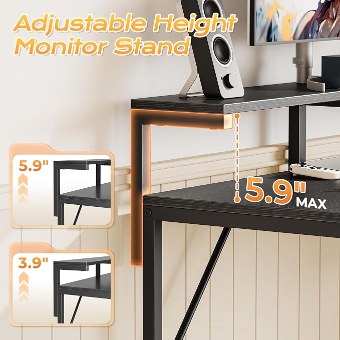 39.4 Inch Gaming Desk with LED Lights & Power Outlets | Small Computer Desk with Drawer & Storage Shelves, Office Writing Desk with Monitor Stand for Work from Home, Black