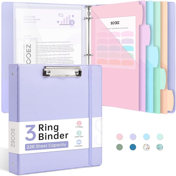 Sooez 3 Ring Binder Clipboard with Storage & 5-Tab Dividers, 1 Inch | Premium Clip Board 11 x 8.5 & Pen Holder, Pocket Dividers, Clear File Folder, Cute Binder Organizer, School Office Supplies