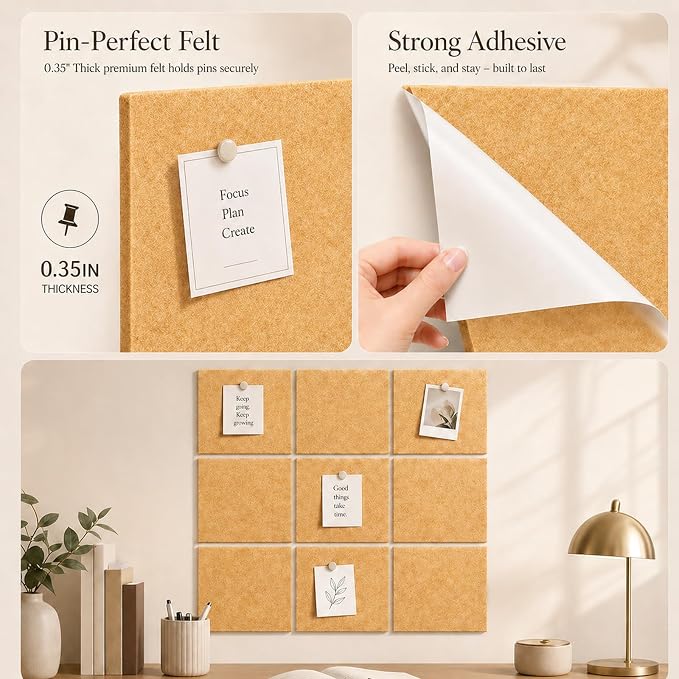 Felt Bulletin Board Tiles, Cork Board Alternative, 48 x 36 in | 0.35 in modular felt wall tiles for notes, photos, schedules, reminders in offices, classrooms, home & office workspace