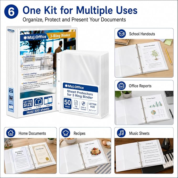 1 Inch Binders 3 Ring Set, White 1" Round + 50 Sheet Protectors | 50 Top-Loading Page Protectors, Clear View Cover & Spine, Fits 8.5 x 11 Letter Paper; for School, Office and Home Filing Use