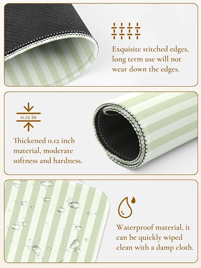 Square Cute Striped Mouse Pad with Stitched Edge, Premium Waterproof Cloth Aesthetic Small Stripe Mouse Mat, Non-Slip Rubber Base Funny Mousepad Desk Accessories,Striped Green Beige
