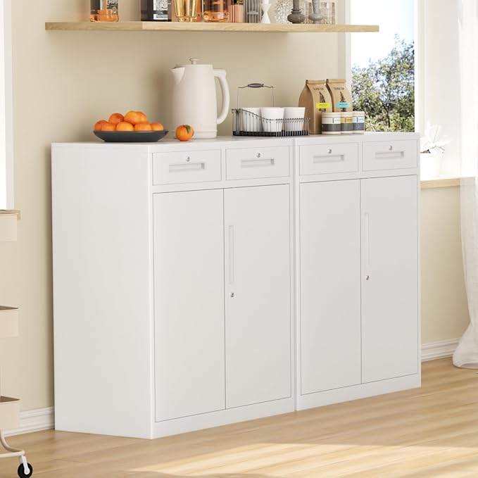 Metal Garage Storage Cabinets with Lock,Steel Storage Cabinet with Drawer and 2 Adjustable Shelves, Small Lockable Office Steel Cabinet for Home, Warehouse, School, White