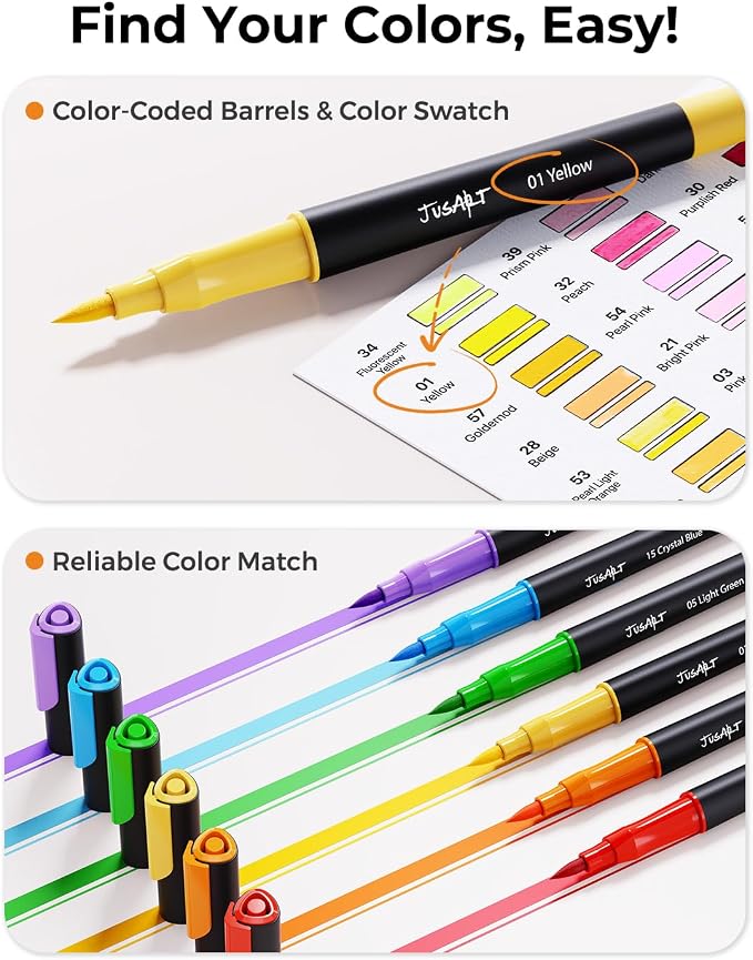 JusArt Markers for Adult Coloring Books No Bleeding 80 Colors | Dual Tip, Triangle Grip, Fine & Brush Tips, Water-Based, 33% More Ink, With 200gsm Coloring Book, Storage Case, 6 Spare Tips