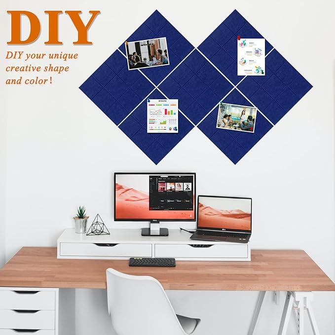 Large Square Felt Cork Board Tiles, Self Adhesive DIY Felt Bulletin Board Pin Board with 35 Pushpins for Office School Home Wall Decor Stickers Memos Photos Display (Dark Blue)