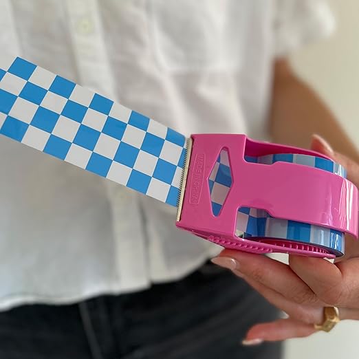 Decorative Packing Tape with Pink Dispenser – Checkered Cream & Blue, 1.88" x 22.2 Yards – Cute Printed Shipping Tape for Gifts, Small Business Essentials, and Mailers