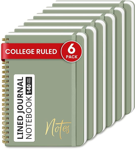 Lined Spiral Journal Notebook for Women, 6 Pack, A5 College Ruled Journals for Writing, Hardcover Notebooks for Work, Note taking and Office School Supplies,140 Pages, 6 Pcs - Green