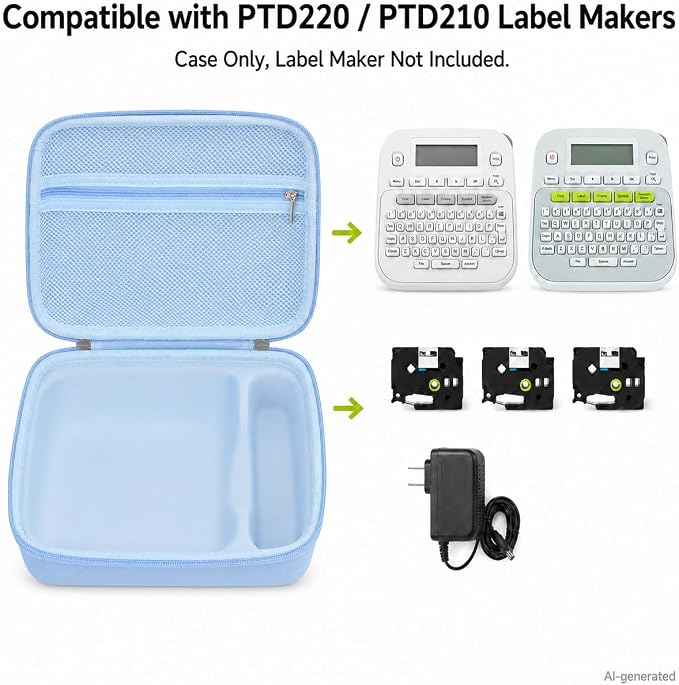 GWCASE Hard Label Maker Case for Brother P-Touch PT-D220/PT-D210, Case Only | Label printer case with shaped tray and zip mesh pocket for label tapes, batteries and AC adapter in home office storage