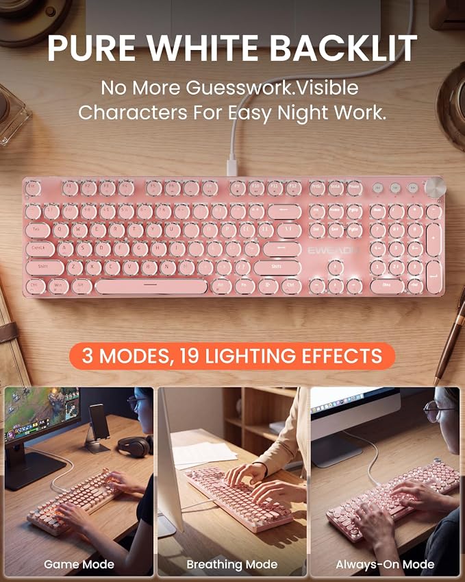 EWEADN Wired Typewriter Mechanical Keyboard, Low Noise White Switch Retro Punk Keyboard with Media Knob, White Backlit, Metal Panel, 104-Key Round Keycaps Cute Keyboard for Windows PC - Pink