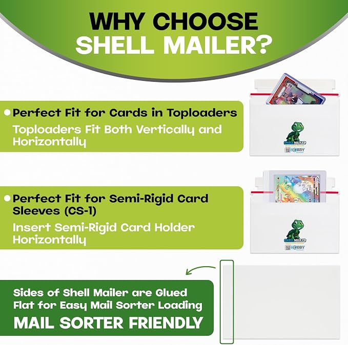 Shell Mailer Trading Card Envelopes for Shipping, Card Mailers - 100 Pack | Perfect Fit for Semi-Rigids & Toploaders, Sides Glued Flat for Sorting Machines, Premium Material, Customized Protective Flap