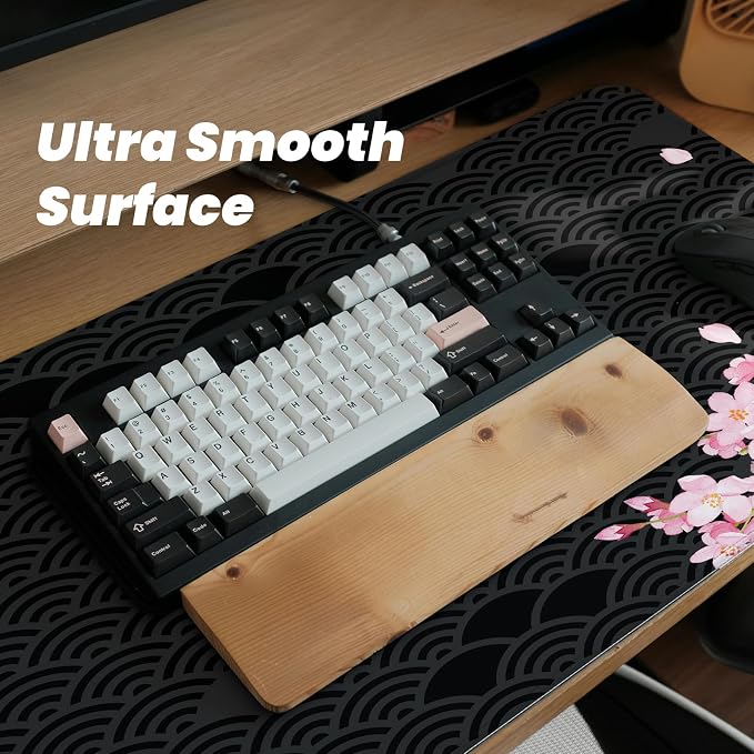 Gaming Mouse Pad with Anti-Slip Rubber Base, Extended Large Computer Mouse Mat with Stitched Edges, Long XL Anime Mousepad for Laptop and Keyboard, 31.5 x 11.8 inch (Black Cherry Blssom)