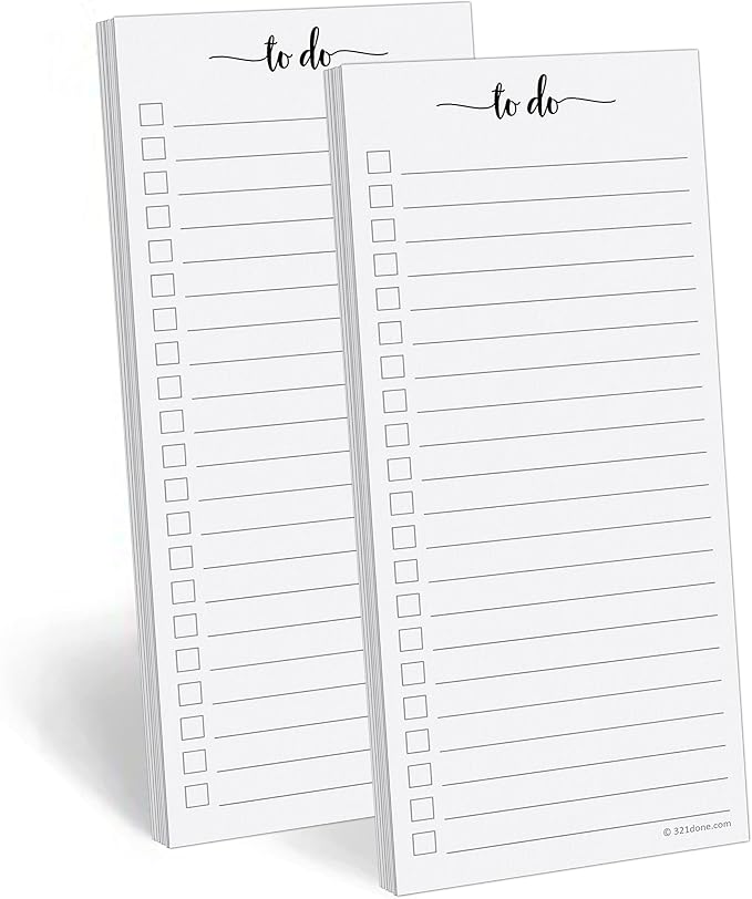 321Done To Do List Notepad, Skinny 3.7x8.5, 2-Pack, 50 Each, Wide Ruled | Made in USA - Slim Wide Ruled Checklist Pads for Tasks, Errands and Groceries, Thick Bright White Paper, Tear-Off Sheets