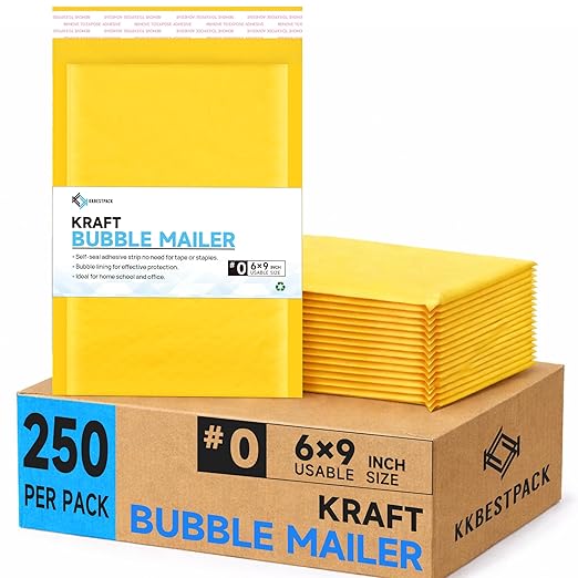 Kkbestpack Kraft Paper Bubble Mailers #0, 6x10 Inch Self-Seal Padded Mailing Envelopes, Usable Size 6x9, Pack of 250