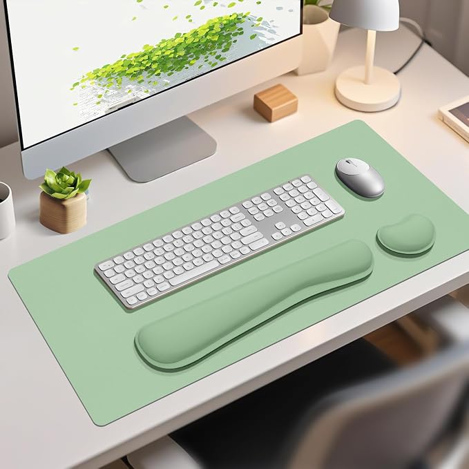 Desk Mat Set， Wrist Rest for Computer Keyboard, 3-in-1 Large Mouse Pad and Keyboard Wrist Rest Set, Non-Slip Desk Mat Protector for Office, Home(27.5×13.8 Inches, Lake Green)