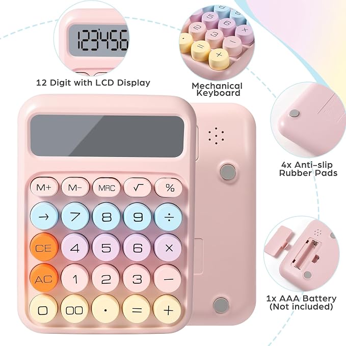 8-Pack Mechanical Keypad Calculator with Big Buttons for Students, Teachers | 12-Digit Large LCD Display, Cute Pastel Color Calculators, 15° Tilt Design, Auto Off