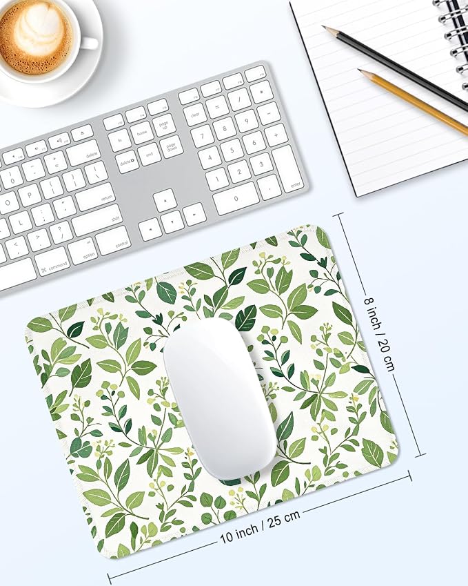Mouse Pad, Cute Mouse Mat, 10" x 8", Cute Green Leaf -04 | Square Waterproof Gaming Computer Mat, Textured Top, Stitched Edges, Non-Slip Rubber Base for Office Home Laptop Keyboard