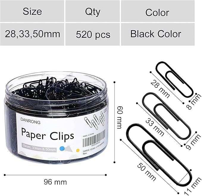 520 PCS Black Paper Clips Assorted Sizes, Small Medium and Large (1.1", 1.3" & 2"), Paperclips for Office, School, Home Supplies-Black