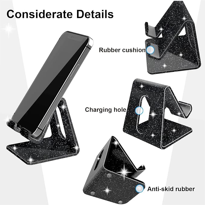 Crpich Acrylic Cell Phone Stand, Portable Phone Holder, Phone Stand for Desk, Compatible with Phone16 15 14 13 12 Pro Max Mini 11 Xr 8 Plus SE, Switch, Android Smartphone, Pad, Tablet, Glitter Black