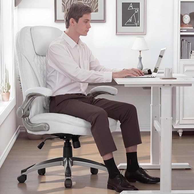 COLAMY Executive Office Chair-Ergonomic Computer Desk Chair, High Back Leather Chair with Padded Flip-up Arms, Swivel Home Office Chair Upgraded Caster, White