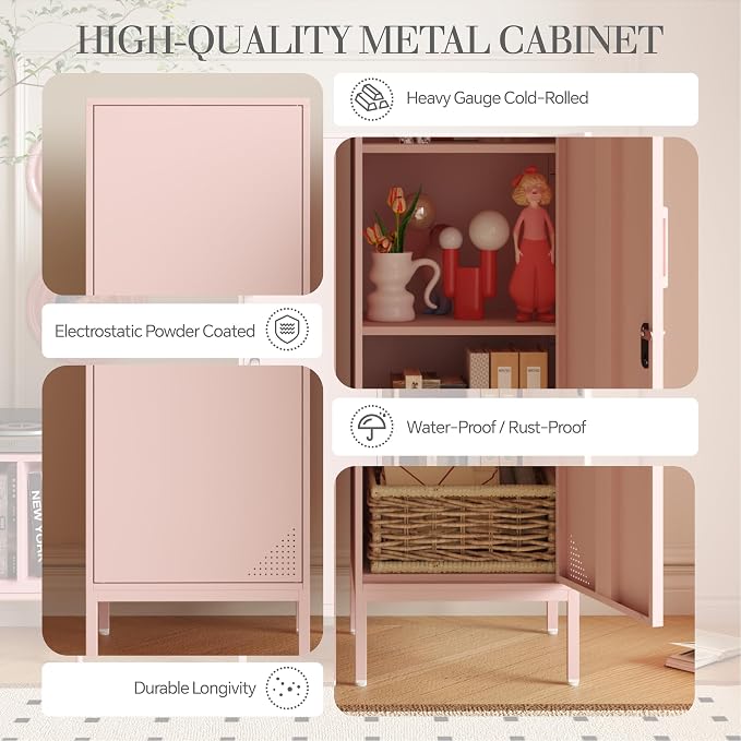 Pink Metal Locker Cabinet, 59.1" Lockable Storage Locker for Employees with Adjustable Shelves, Locking File Cabinet Door for Office, School, Gym, Garage