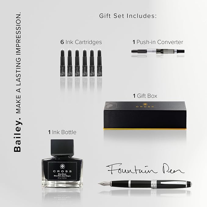 Cross Bailey Refillable Fountain Pen, Black Ink, Luxury Gift Box | Includes Ink Cartridges, Bottle Ink and Converter, Effortless Writing, Cap-Over-Barrel Styling, Premium Gift Box