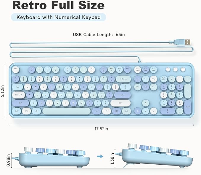 Computer Keyboard Wired, Plug and Play USB Retro Round Typewriter Keyboard, Full Size Wired Keyboard with Foldable Stands for Laptop and Office PC