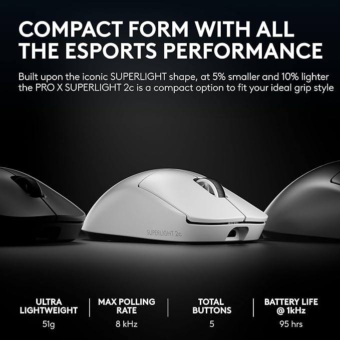 Pro X Superlight 2c Wireless Gaming Mouse: 51g Compact Mini Size, Symmetrical Shape, <8 kHz Polling, 44K DPI, PowerPlay Wireless Charging Supported, USB-C, 5 Programmable Buttons, For PC/Mac - White