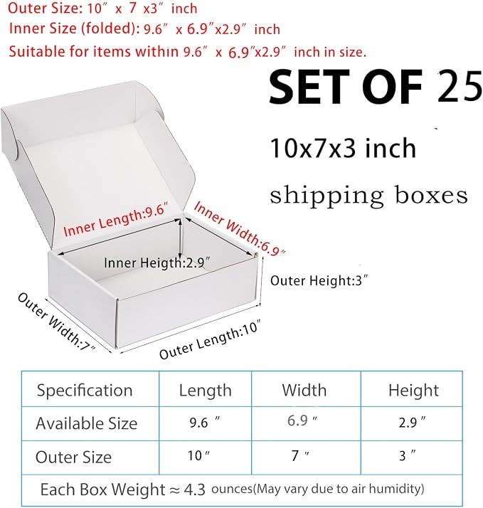 10x7x3 inch White Shipping Boxes for Small Business- Set of 25 | Sturdy ECT 32 Corrugated Cardboard Mailer Boxes, Easy Assemble for Packaging, Mailing, Gift Giving & Ecommerce Packing