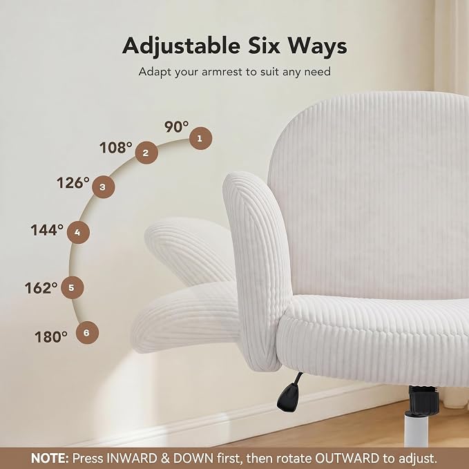 HUANUO Criss Cross Office Chair for Girls, Cross Legged Desk Chair with Adjustable Armrests, Soft Corduroy Fabric for Small Spaces, Home Office Computer Chairs for Petite Women, White