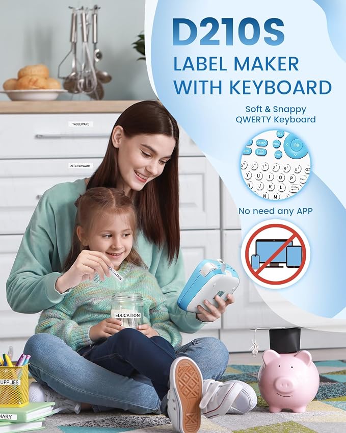 Vixic Label Maker Machine with Tape, D210S Label Maker Waterproof-Labels | Portable Labeling Machine Bundle 4PK 12mm 0.47 Laminated White Tapes, Handheld Labeler with Keyboard for Home Office School