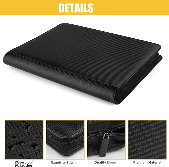 16 Pocket Ringless Side Loading Trading Card Binder, 1024 Cards PU Fixed Page Zipper Card Album for TCG Sports Game Cards, Not Fit Top Loaders (Carbon Black)