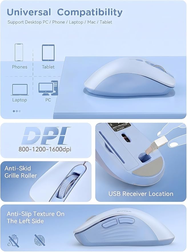 RAPIQUE Bluetooth Wireless Mouse, Dual Bluetooth & 2.4GHz, Light Blue | Quiet Clicks, Right-Hand Ergonomic 6 Button, Adjustable DPI, AA Battery, 3-Device Switching for Laptop, PC, Mac, Tablet